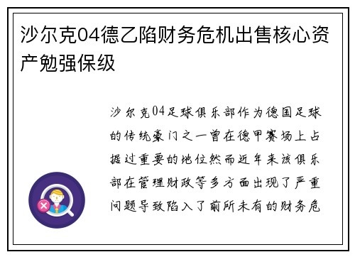 沙尔克04德乙陷财务危机出售核心资产勉强保级